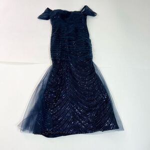 Galina Signature Dress Womens Size 10 Navy Blue Sequin Shoulder Off Evening Gown